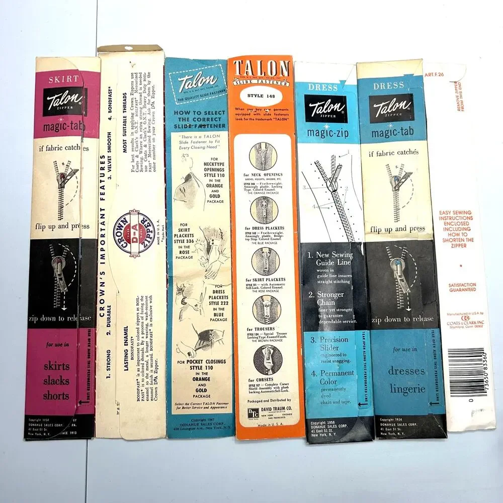 Vintage Skirt/Dress/Trouser Metal Zippers Talon,Crown,J & P Coats Lot of 7 NOSIP